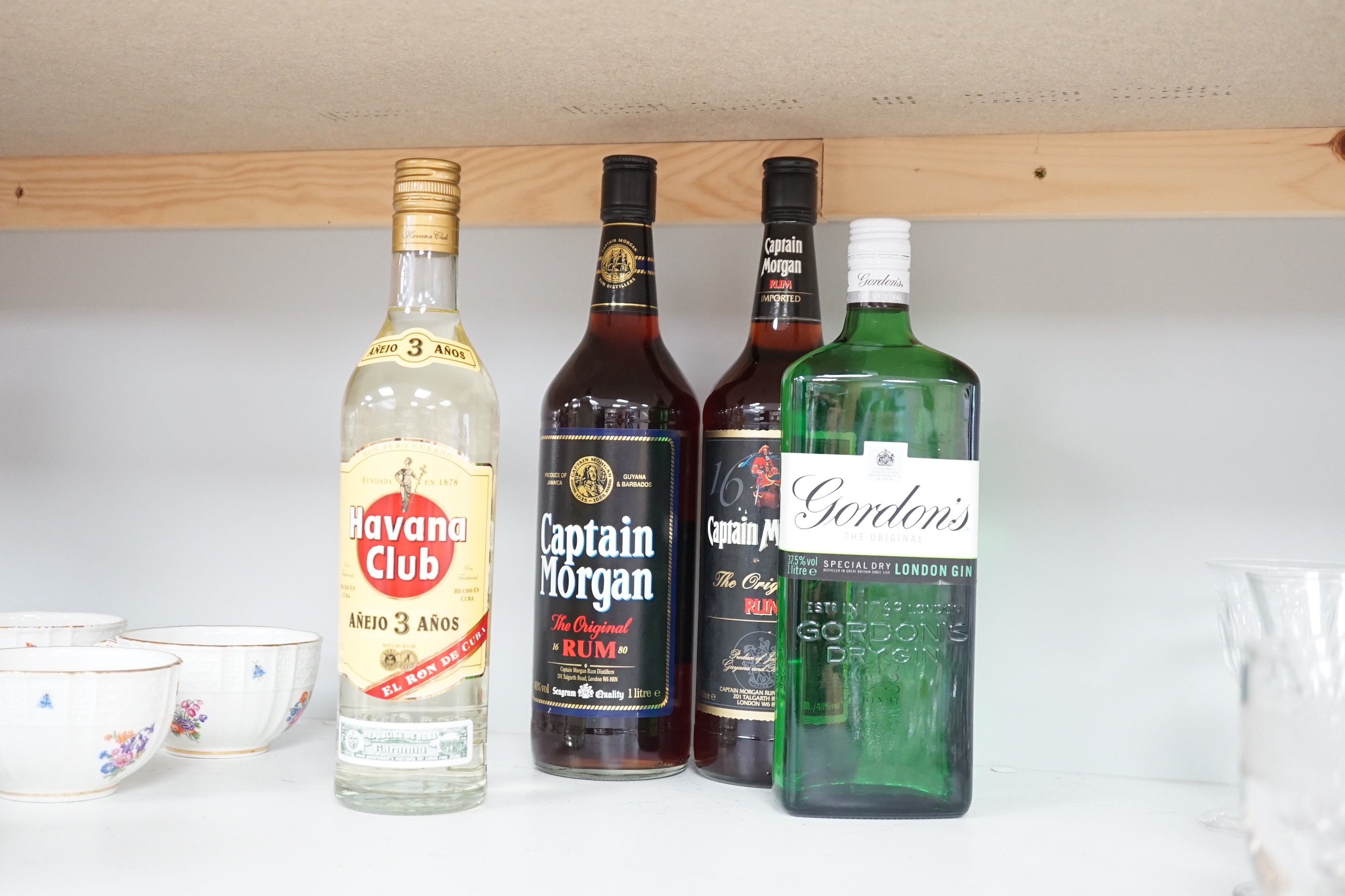 Nine various bottles of spirits: two litre bottles of Captain Morgan’s dark rum, 1 litre of Gordons gin, 1 litre of Smirnoff vodka, a 70cl of Gordons slow gin, a 70cl of Havana Club white rum, a 70cl of Absolut Citron vo